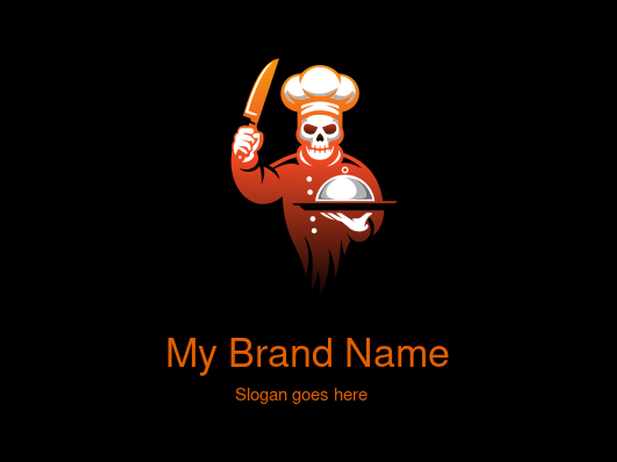 Orange Skull Chef with Knife and Dish Logo Design for Bold Culinary and Horror-Themed Brands